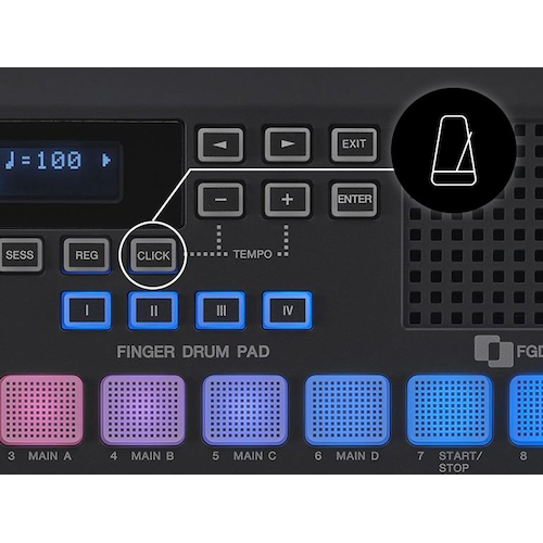 Diagrama que apunta a la ubicación del clic incorporado en el cuerpo del FGDP y el icono del metrónomo